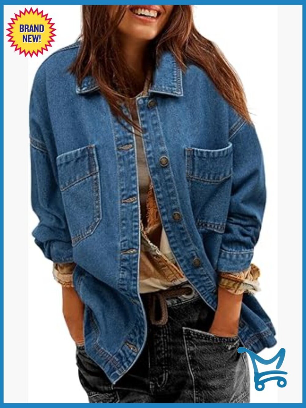 Oversized Boyfriend Denim Jacket with Split Hem Button Front Long Sleeve